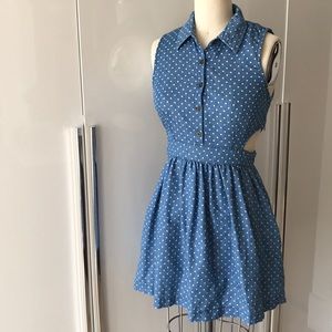 Blue polka dot cut out button up dress